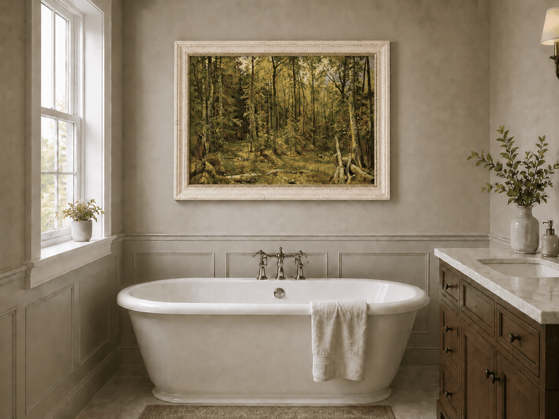 Framed hand-painted sunlit forest interior oil painting with fallen trees and dense foliage displayed above a freestanding bathtub.