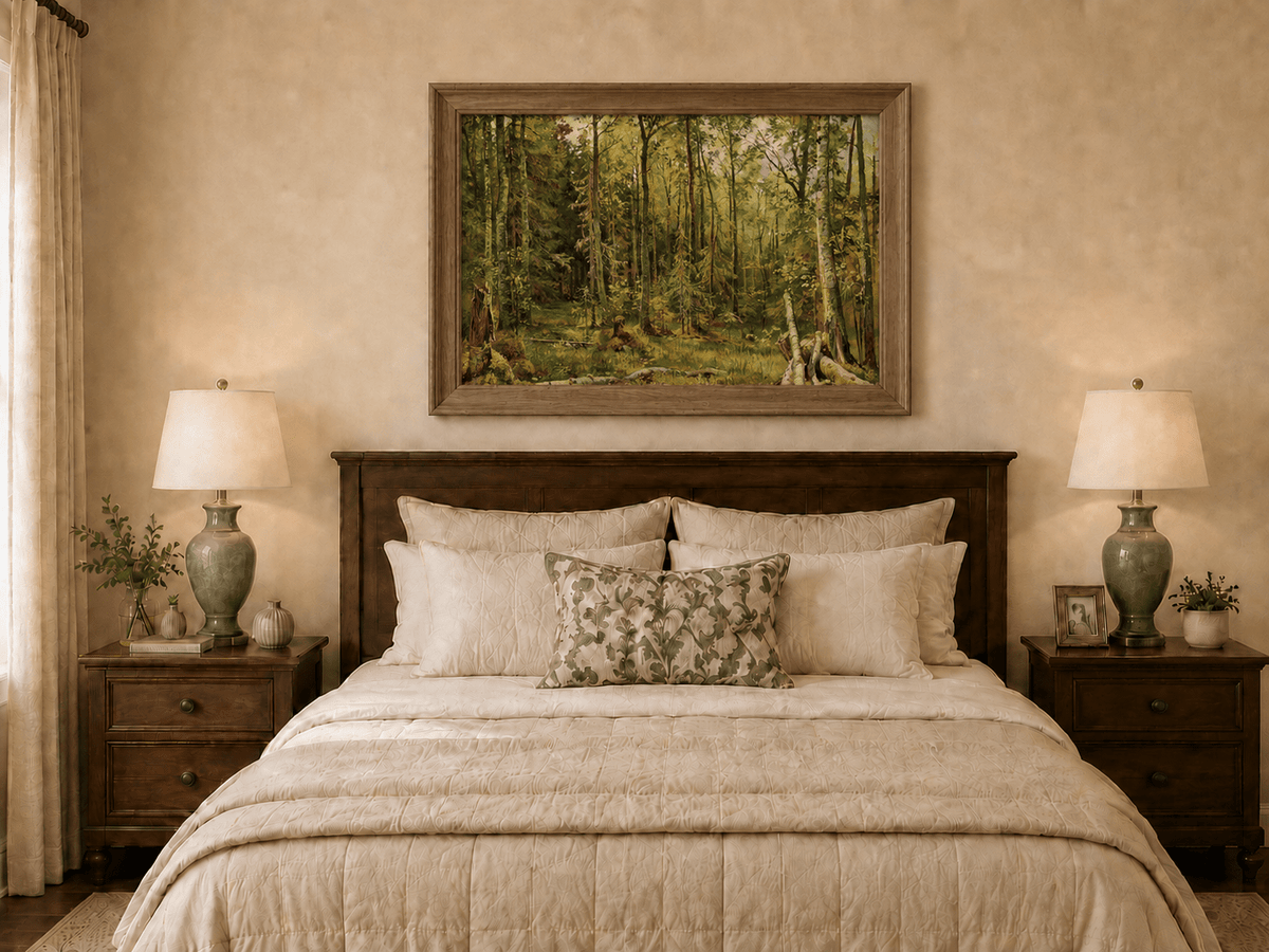 Framed hand-painted sunlit forest interior oil painting with fallen trees and dense foliage displayed above a wooden bed in a neutral bedroom.