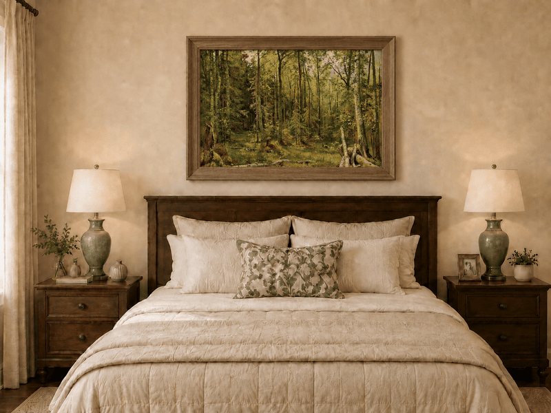 Framed hand-painted sunlit forest interior oil painting with fallen trees and dense foliage displayed above a wooden bed in a neutral bedroom.