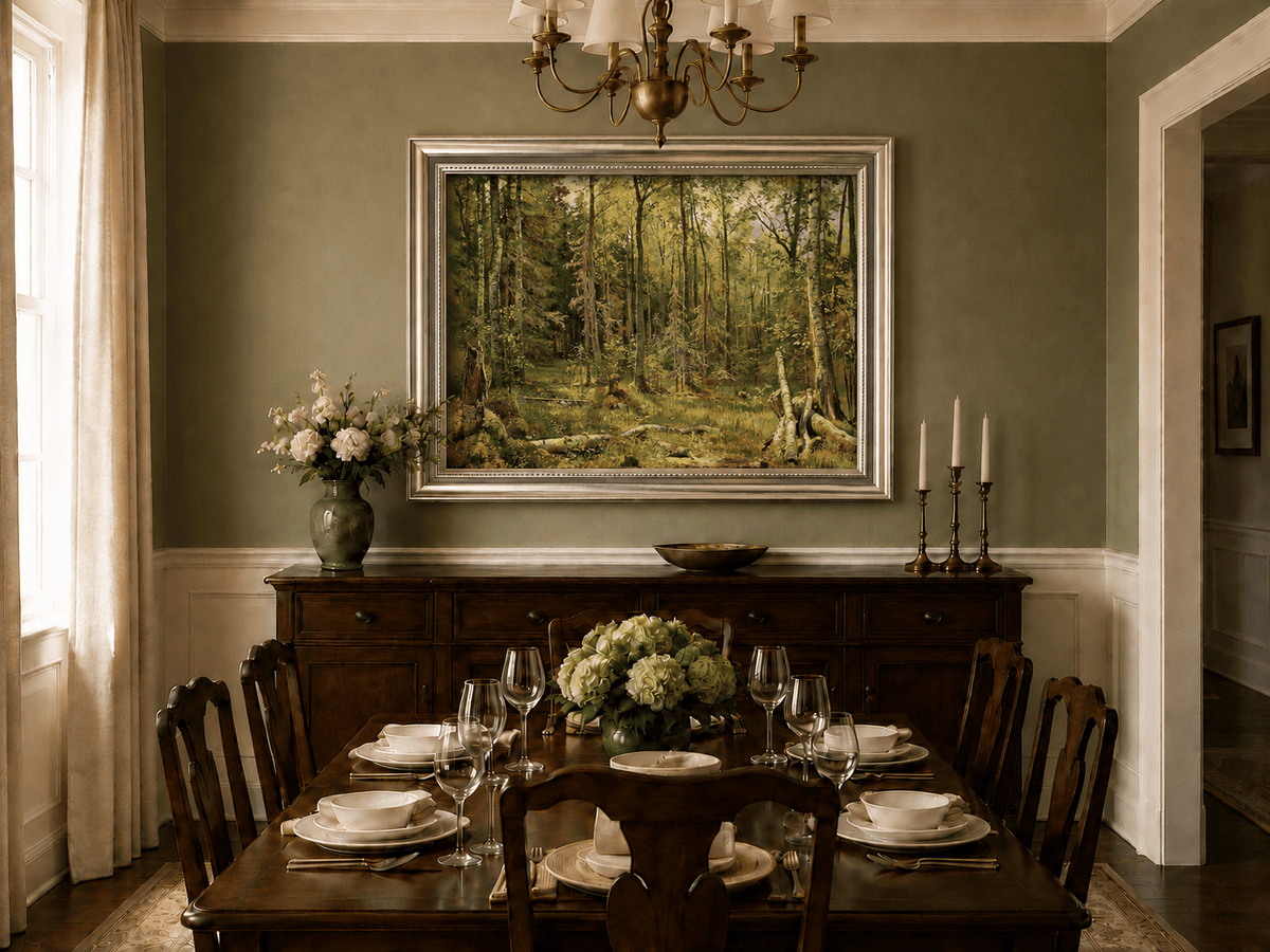 Framed hand-painted sunlit forest interior oil painting with fallen trees and dense foliage displayed above a formal dining table.