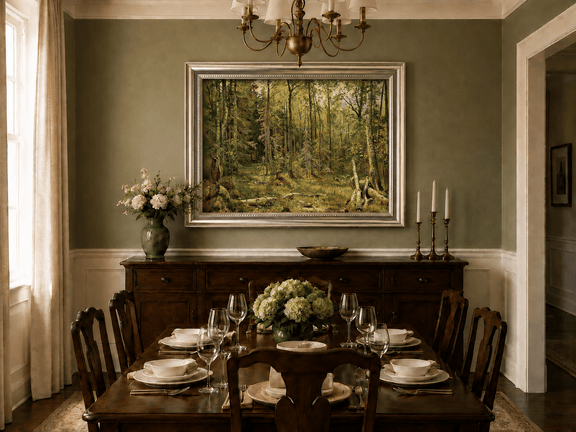 Framed hand-painted sunlit forest interior oil painting with fallen trees and dense foliage displayed above a formal dining table.