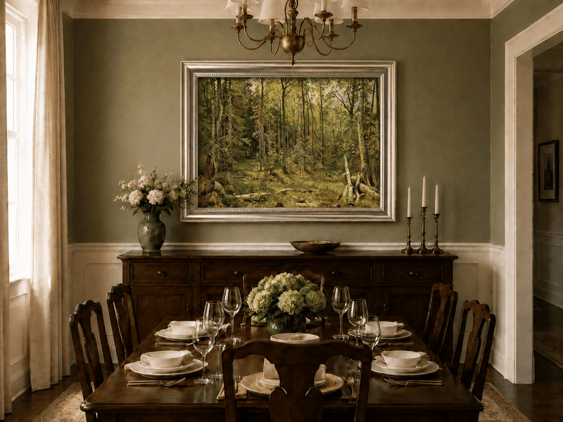 Framed hand-painted sunlit forest interior oil painting with fallen trees and dense foliage displayed above a formal dining table.