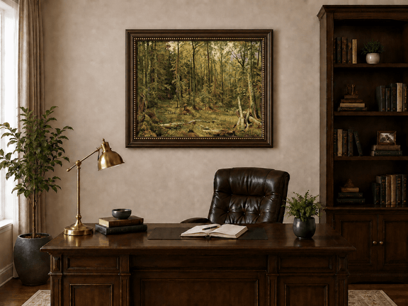Framed hand-painted sunlit forest interior oil painting with fallen trees and dense foliage displayed above a traditional home office desk.