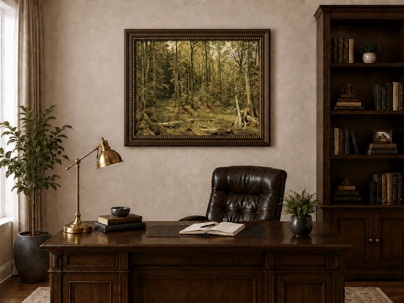 Framed hand-painted sunlit forest interior oil painting with fallen trees and dense foliage displayed above a traditional home office desk.
