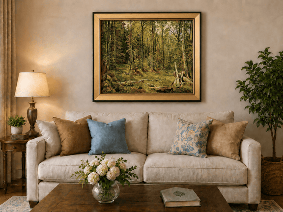 Framed hand-painted sunlit forest interior oil painting with fallen trees and dense foliage displayed above a neutral living room sofa.