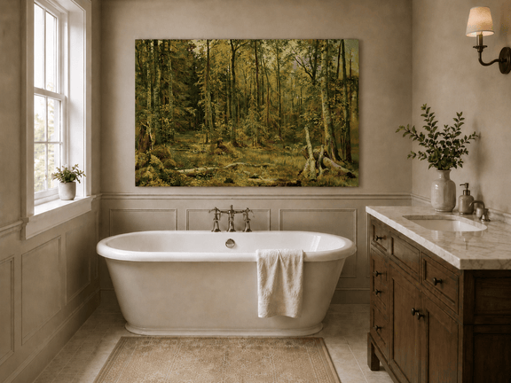Unframed hand-painted sunlit forest interior oil painting with fallen trees and dense foliage displayed above a freestanding bathtub.