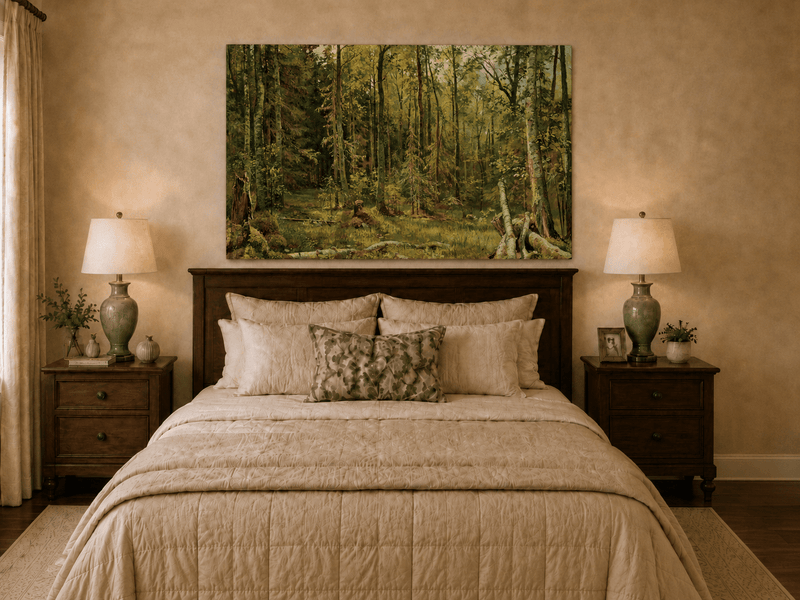 Unframed hand-painted sunlit forest interior oil painting with fallen trees and dense foliage displayed above a wooden bed in a neutral bedroom.