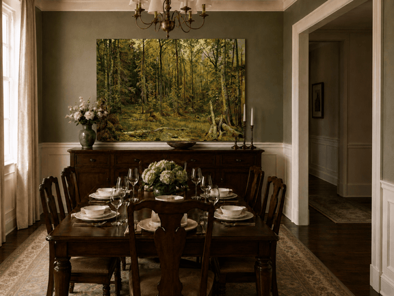 Unframed hand-painted sunlit forest interior oil painting with fallen trees and dense foliage displayed above a formal dining table.