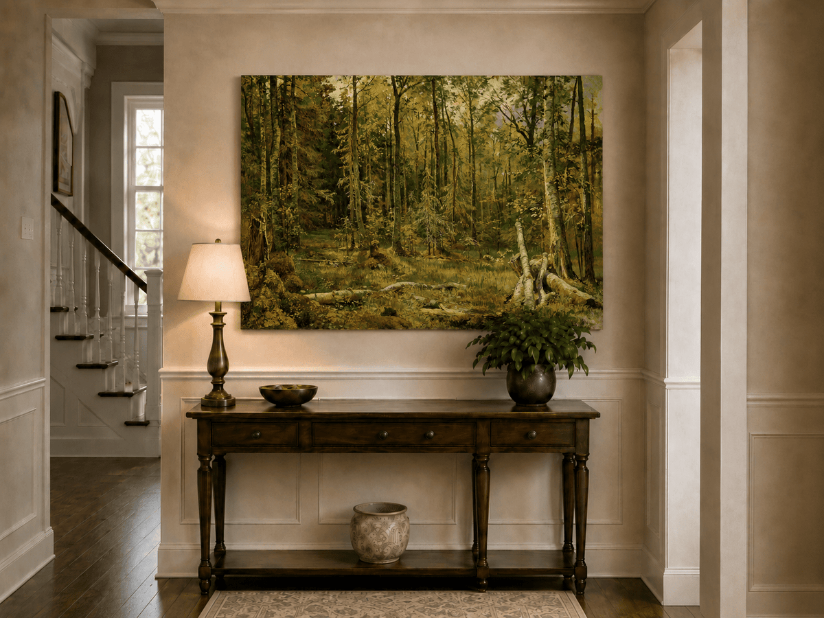 Unframed hand-painted sunlit forest interior oil painting with fallen trees and dense foliage displayed above an entryway console table.