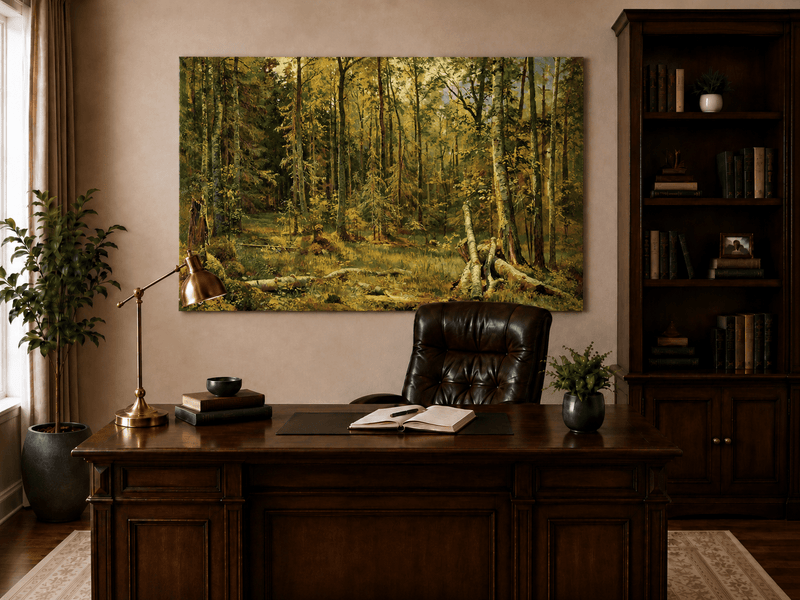 Unframed hand-painted sunlit forest interior oil painting with fallen trees and dense foliage displayed above a traditional home office desk.