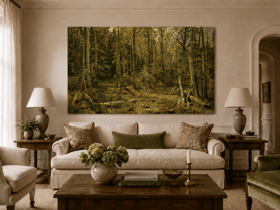 Unframed hand-painted sunlit forest interior oil painting with fallen trees and dense foliage displayed above a neutral living room sofa.