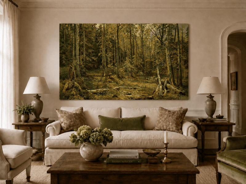 Unframed hand-painted sunlit forest interior oil painting with fallen trees and dense foliage displayed above a neutral living room sofa.