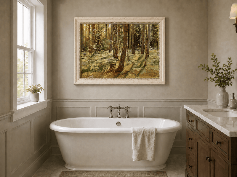 Framed hand-painted sunlit forest interior oil painting with a narrow path among tall trees displayed above a freestanding bathtub.