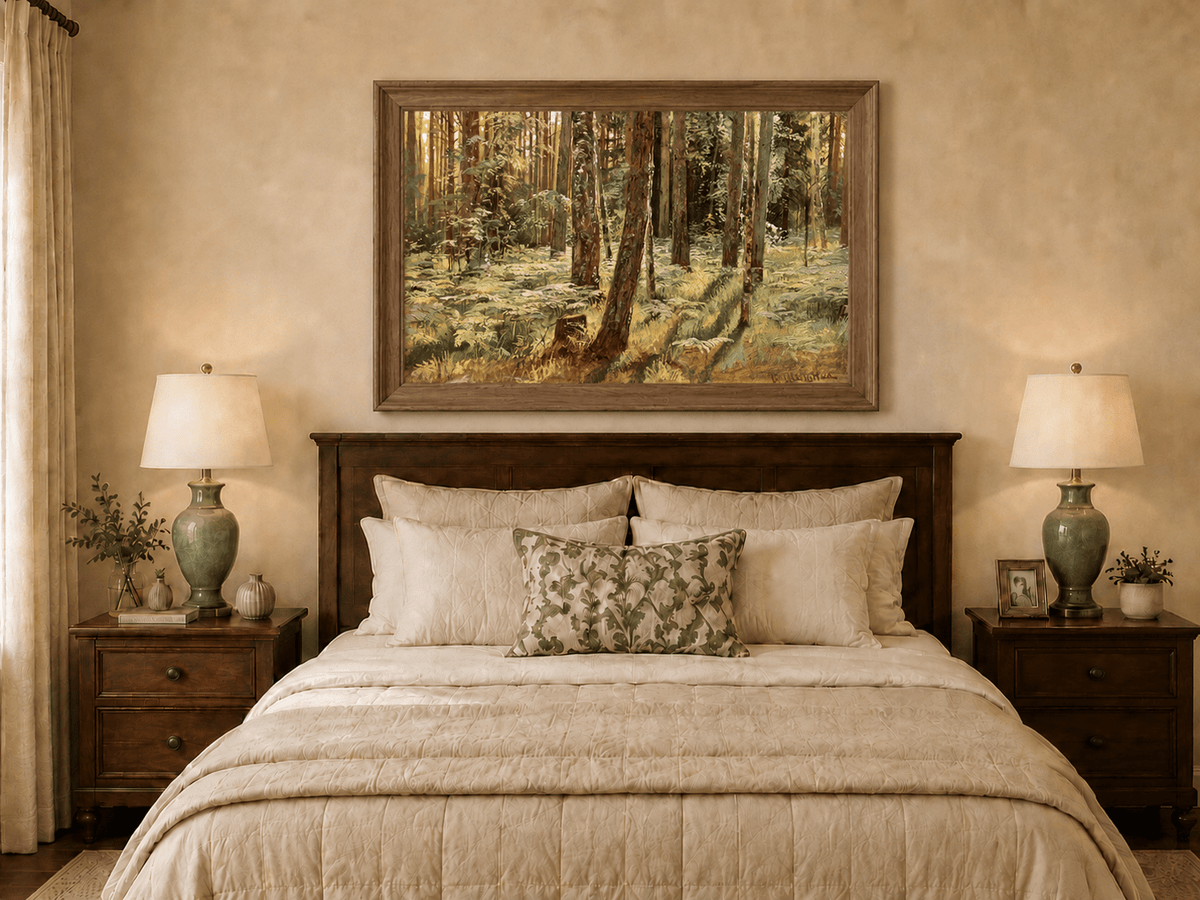 Framed hand-painted sunlit forest interior oil painting with a narrow path among tall trees displayed above a wooden bed in a neutral bedroom.