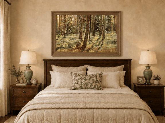 Framed hand-painted sunlit forest interior oil painting with a narrow path among tall trees displayed above a wooden bed in a neutral bedroom.