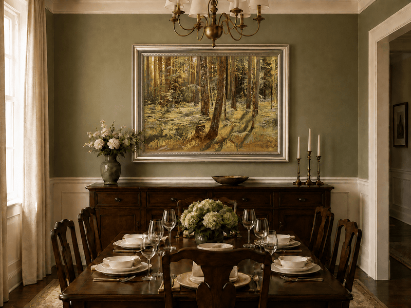 Framed hand-painted sunlit forest interior oil painting with a narrow path among tall trees displayed above a formal dining table.