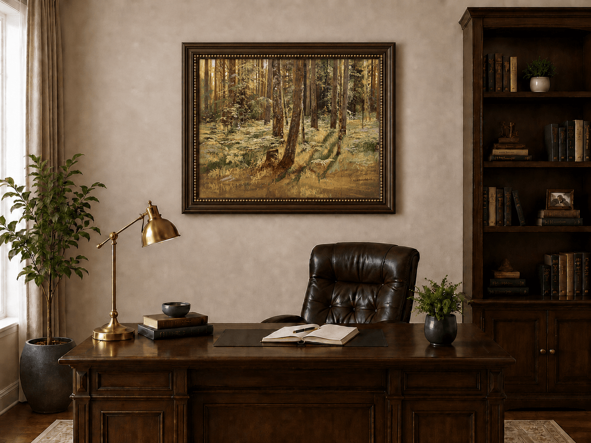 Framed hand-painted sunlit forest interior oil painting with a narrow path among tall trees displayed above a traditional home office desk.