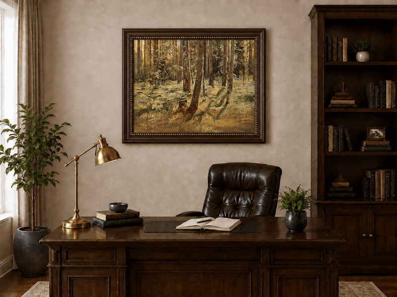 Framed hand-painted sunlit forest interior oil painting with a narrow path among tall trees displayed above a traditional home office desk.