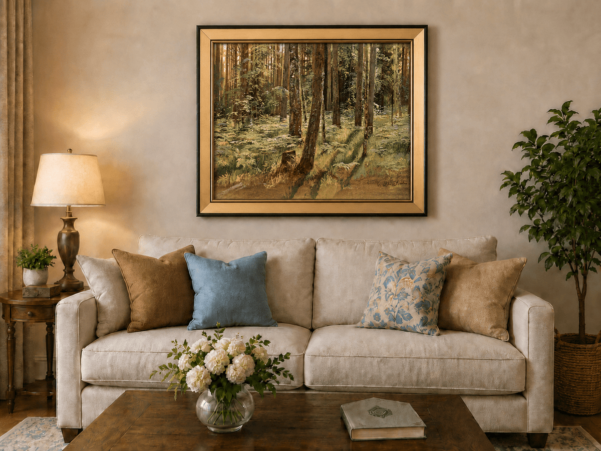 Framed hand-painted sunlit forest interior oil painting with a narrow path among tall trees displayed above a neutral living room sofa.