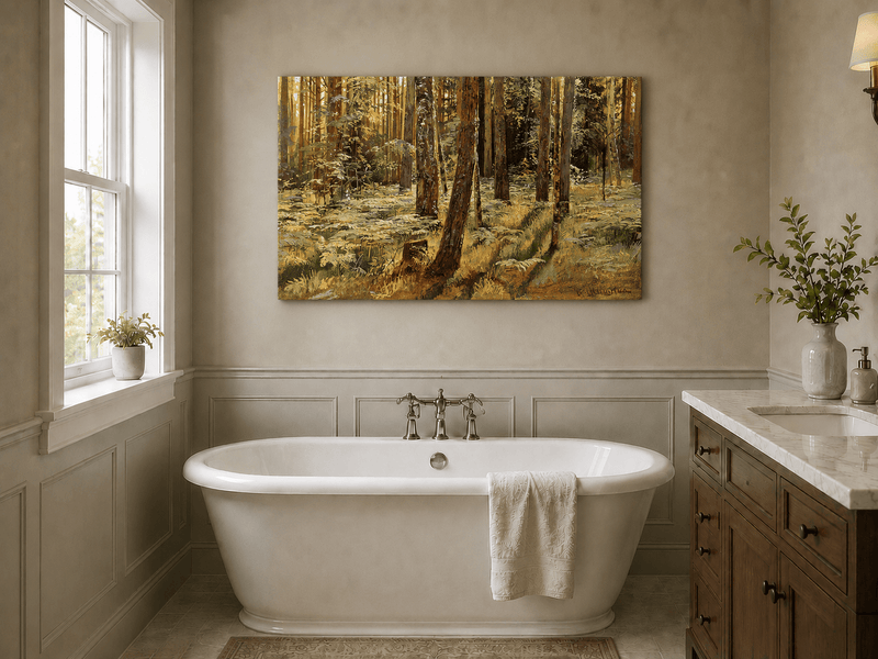 Unframed hand-painted sunlit forest interior oil painting with a narrow path among tall trees displayed above a freestanding bathtub.