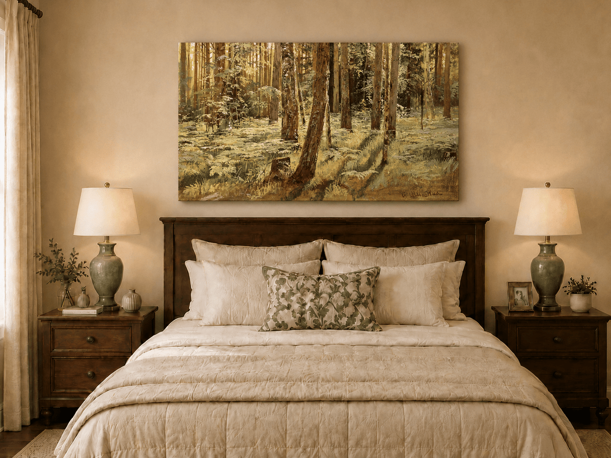 Unframed hand-painted sunlit forest interior oil painting with a narrow path among tall trees displayed above a wooden bed in a neutral bedroom.
