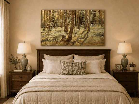 Unframed hand-painted sunlit forest interior oil painting with a narrow path among tall trees displayed above a wooden bed in a neutral bedroom.