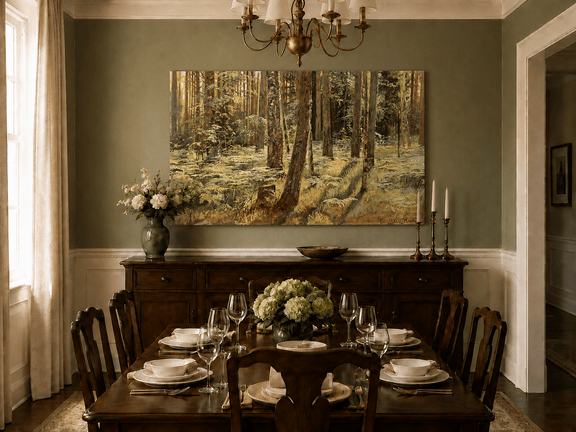 Unframed hand-painted sunlit forest interior oil painting with a narrow path among tall trees displayed above a formal dining table.
