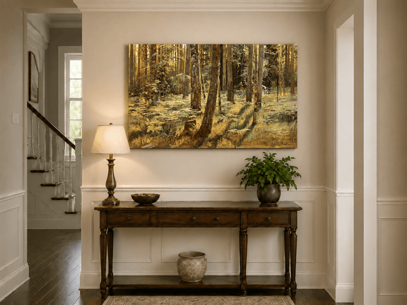 Unframed hand-painted sunlit forest interior oil painting with a narrow path among tall trees displayed above an entryway console table.