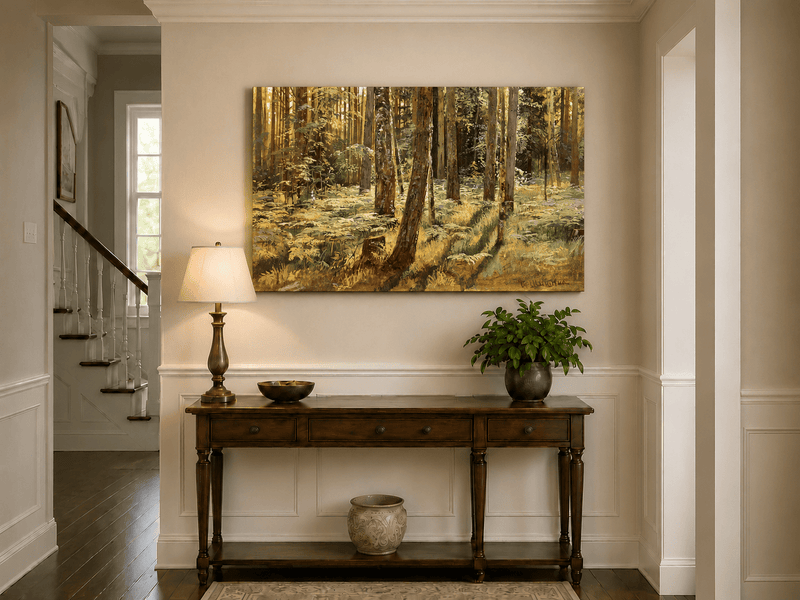 Unframed hand-painted sunlit forest interior oil painting with a narrow path among tall trees displayed above an entryway console table.