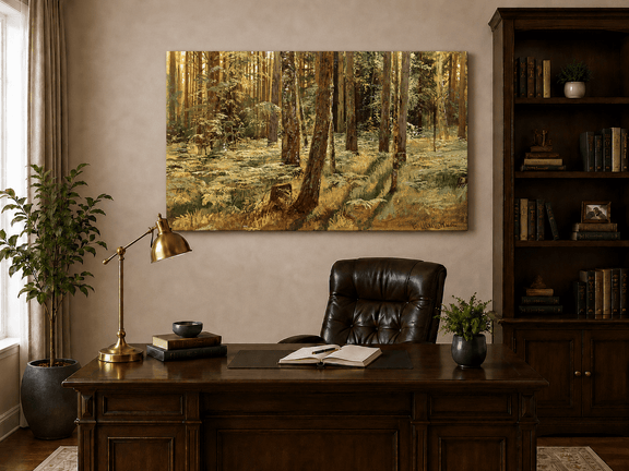 Unframed hand-painted sunlit forest interior oil painting with a narrow path among tall trees displayed above a traditional home office desk.