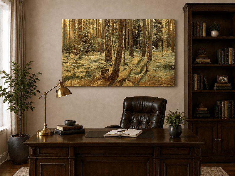 Unframed hand-painted sunlit forest interior oil painting with a narrow path among tall trees displayed above a traditional home office desk.