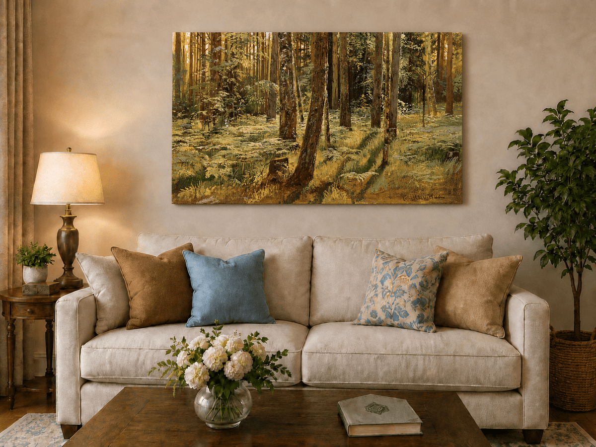Unframed hand-painted sunlit forest interior oil painting with a narrow path among tall trees displayed above a neutral living room sofa.