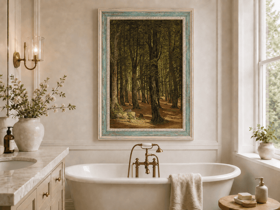 Framed hand-painted sunlit forest interior oil painting with a warm path beneath tall trees displayed above a freestanding bathtub.
