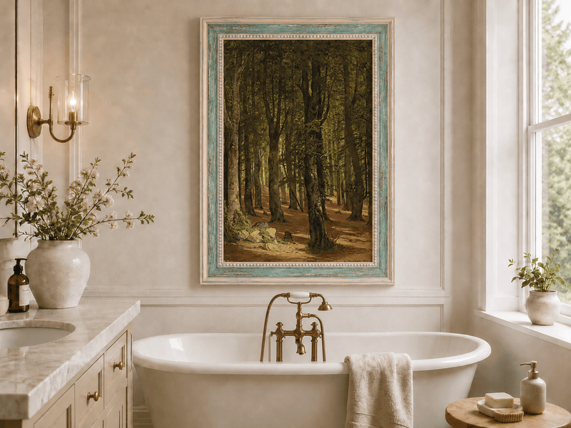 Framed hand-painted sunlit forest interior oil painting with a warm path beneath tall trees displayed above a freestanding bathtub.