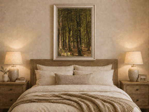 Framed hand-painted sunlit forest interior oil painting with a warm path beneath tall trees displayed above a wooden bed in a neutral bedroom.