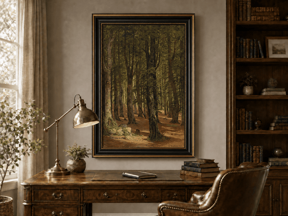Framed hand-painted sunlit forest interior oil painting with a warm path beneath tall trees displayed above a traditional home office desk.