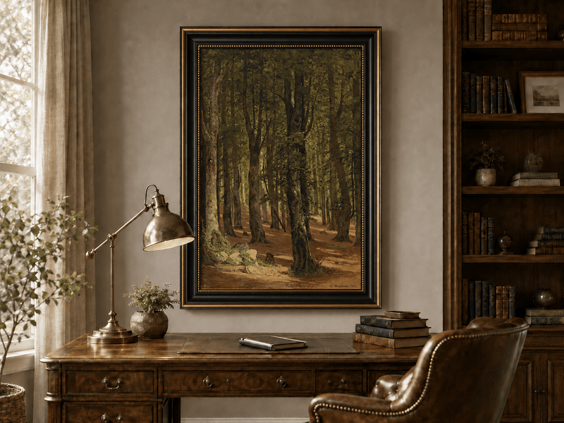 Framed hand-painted sunlit forest interior oil painting with a warm path beneath tall trees displayed above a traditional home office desk.
