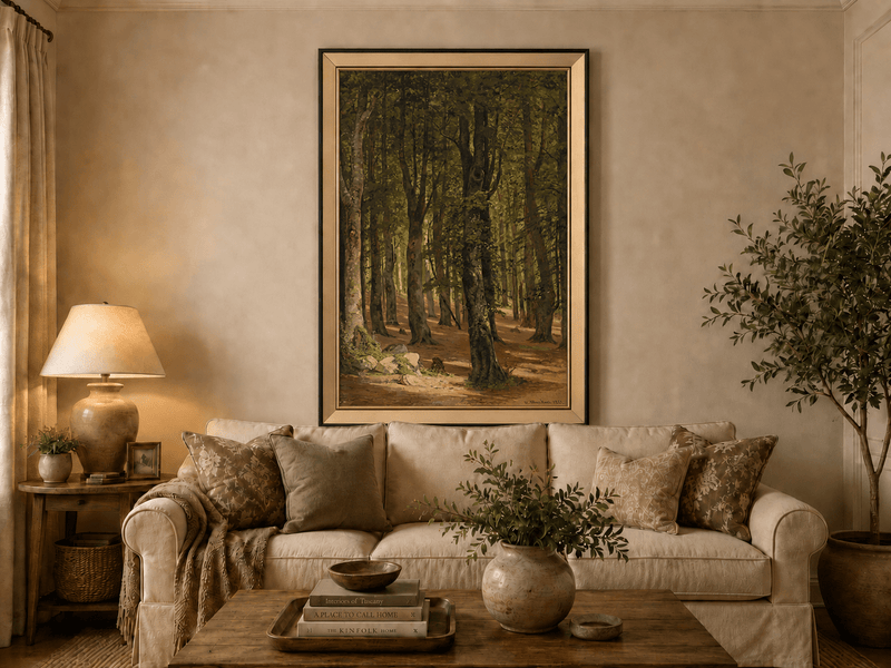 Framed hand-painted sunlit forest interior oil painting with a warm path beneath tall trees displayed above a neutral living room sofa.