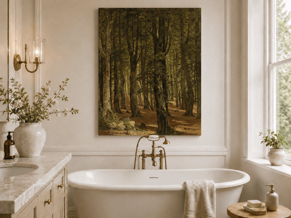 Unframed hand-painted sunlit forest interior oil painting with a warm path beneath tall trees displayed above a freestanding bathtub.