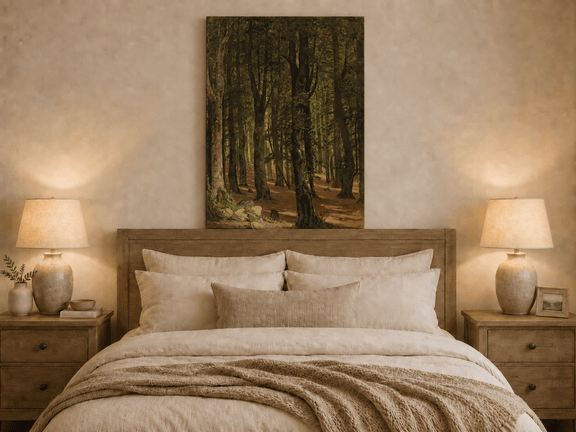 Unframed hand-painted sunlit forest interior oil painting with a warm path beneath tall trees displayed above a wooden bed in a neutral bedroom.
