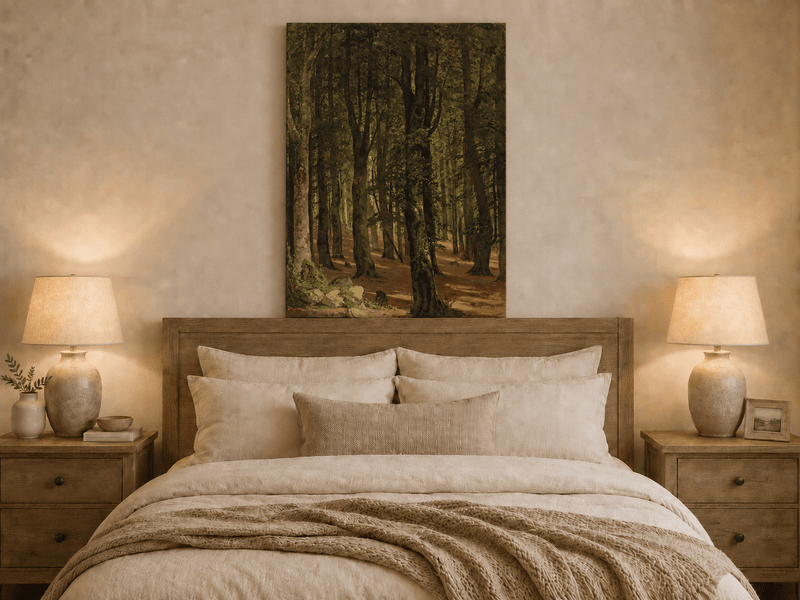 Unframed hand-painted sunlit forest interior oil painting with a warm path beneath tall trees displayed above a wooden bed in a neutral bedroom.