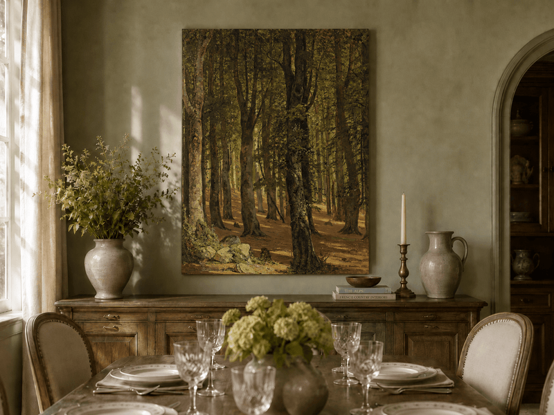 Unframed hand-painted sunlit forest interior oil painting with a warm path beneath tall trees displayed above a formal dining table.