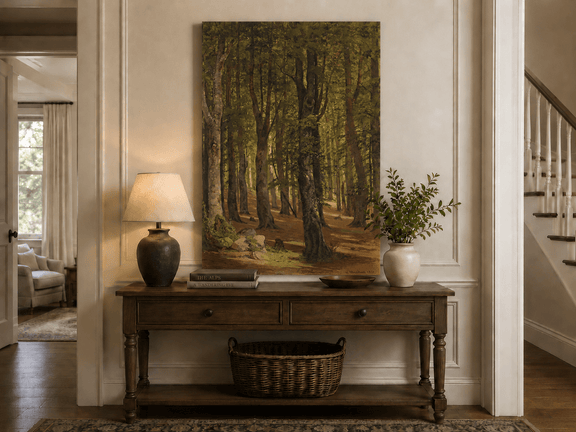 Unframed hand-painted sunlit forest interior oil painting with a warm path beneath tall trees displayed above an entryway console table.