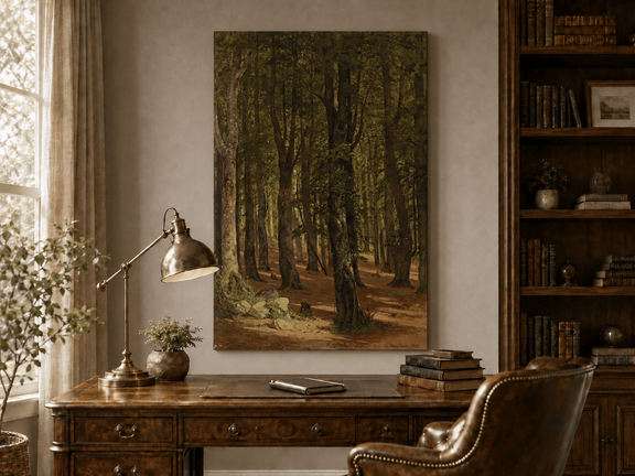 Unframed hand-painted sunlit forest interior oil painting with a warm path beneath tall trees displayed above a traditional home office desk.