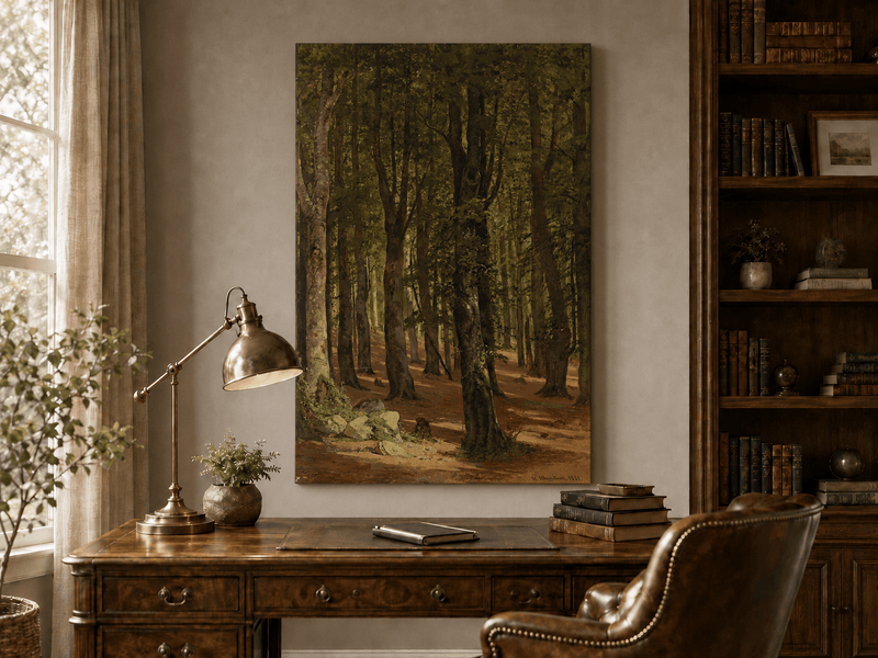 Unframed hand-painted sunlit forest interior oil painting with a warm path beneath tall trees displayed above a traditional home office desk.