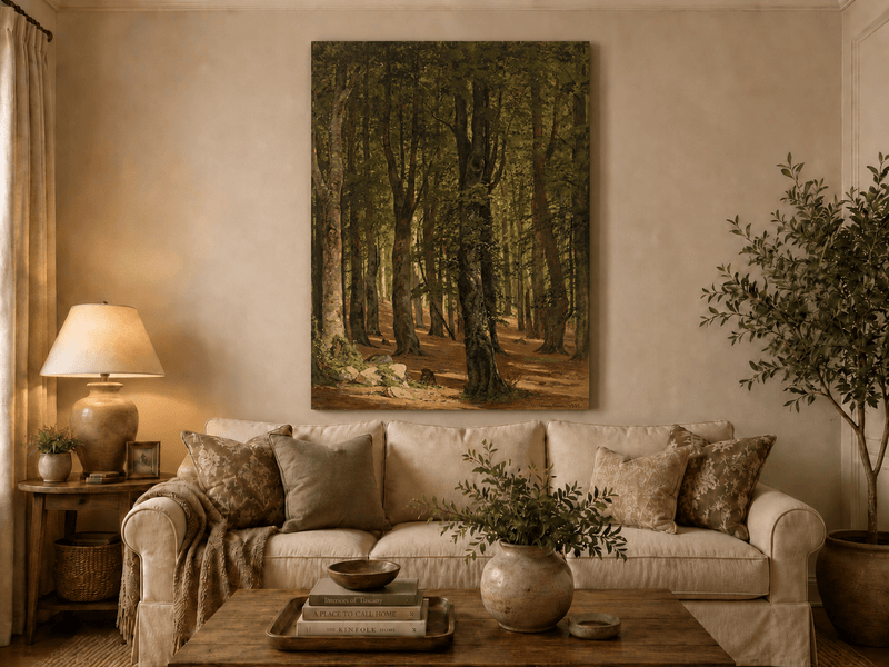 Unframed hand-painted sunlit forest interior oil painting with a warm path beneath tall trees displayed above a neutral living room sofa.