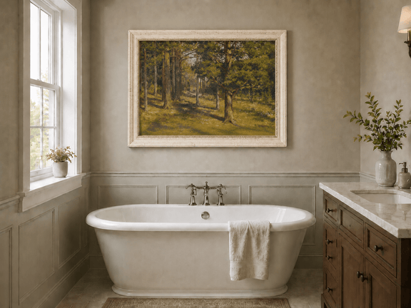 Framed hand-painted sunlit forest interior oil painting with golden trees and a woodland path displayed above a freestanding bathtub.