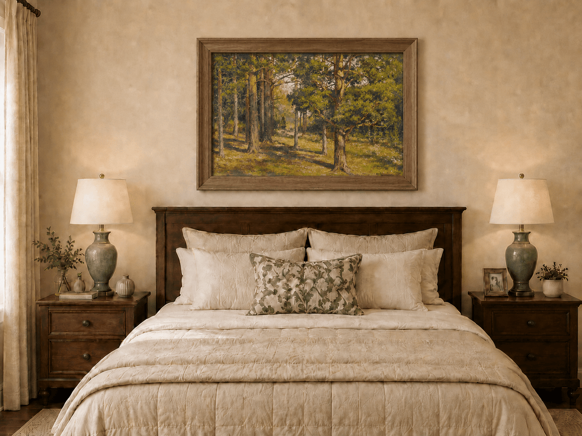 Framed hand-painted sunlit forest interior oil painting with golden trees and a woodland path displayed above a wooden bed in a neutral bedroom.