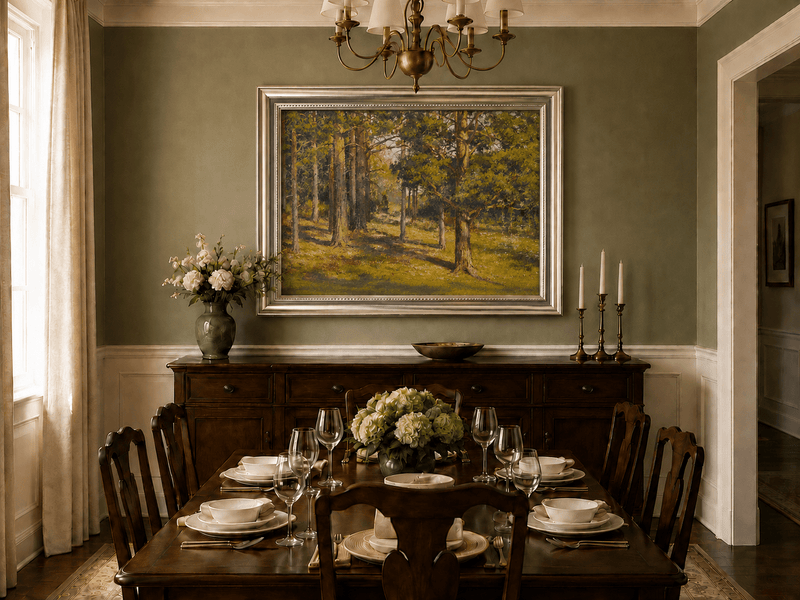 Framed hand-painted sunlit forest interior oil painting with golden trees and a woodland path displayed above a formal dining table.