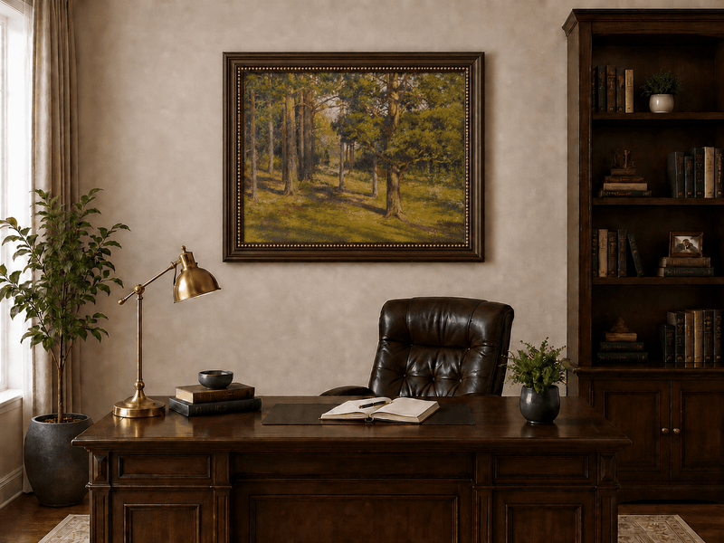 Framed hand-painted sunlit forest interior oil painting with golden trees and a woodland path displayed above a traditional home office desk.